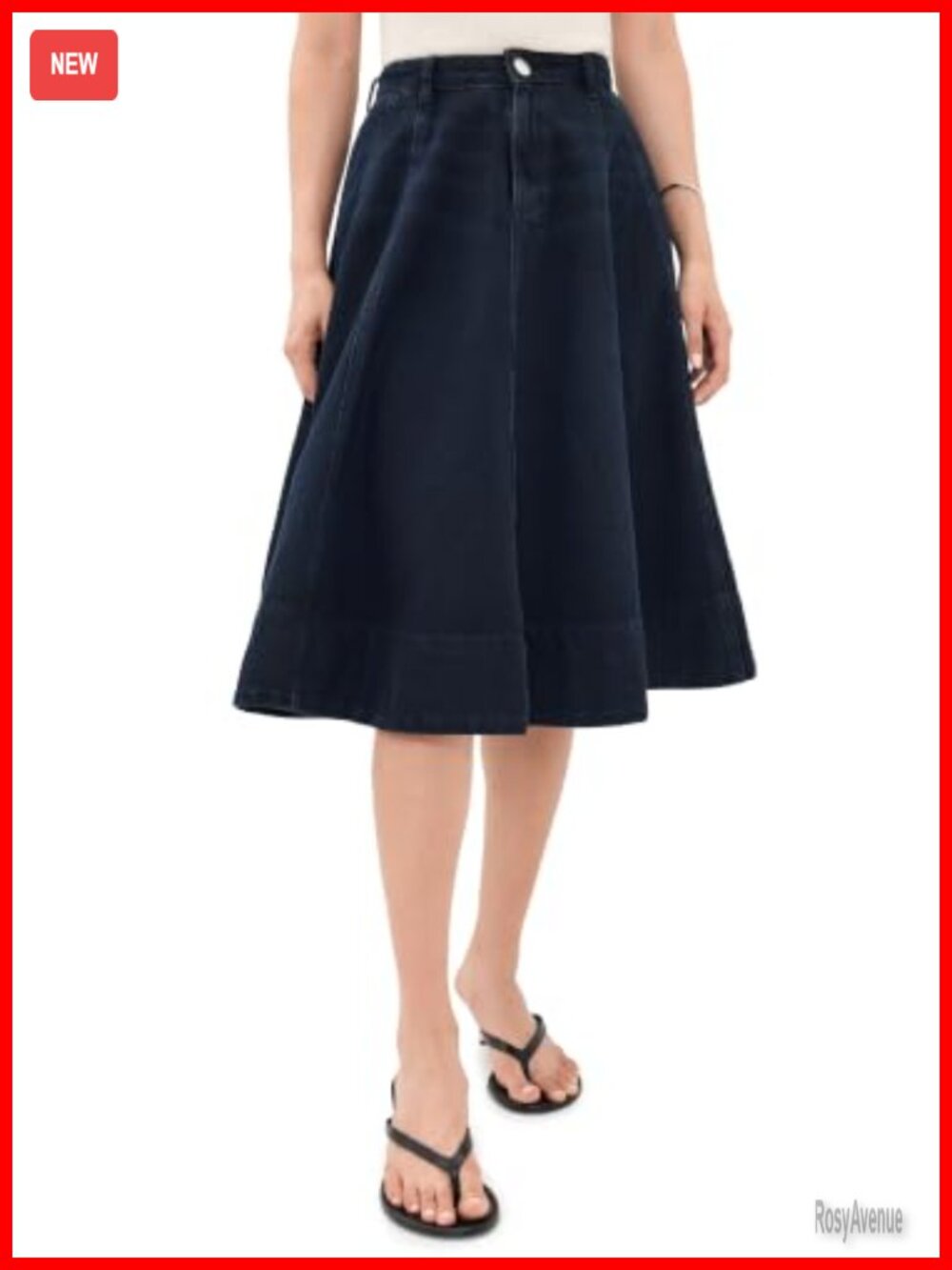 Denim Midi Skirt High Rise Button Zip Fly Knee Length Wear to Work